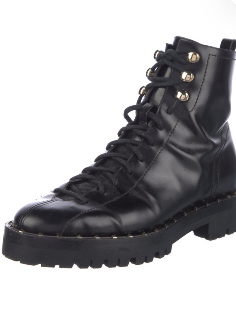 Valentino Black Leather Lace-Up Combat Boots with Gold-Tone Eyelets